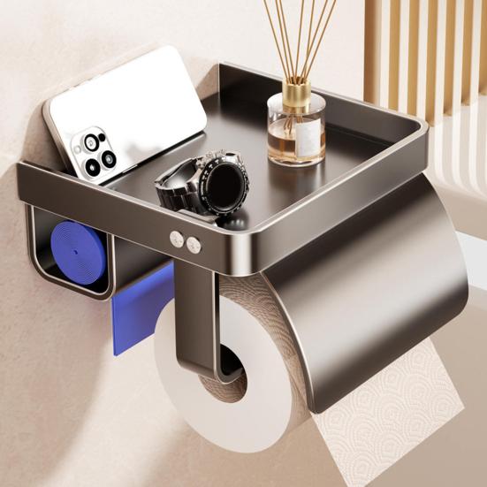 Wall Mounted Toilet Paper Holder Toilet Roll Holder with Garbage Bag Compartment Open Shelf Splash-Proof Multifunctional Toilet Paper Dispenser for
