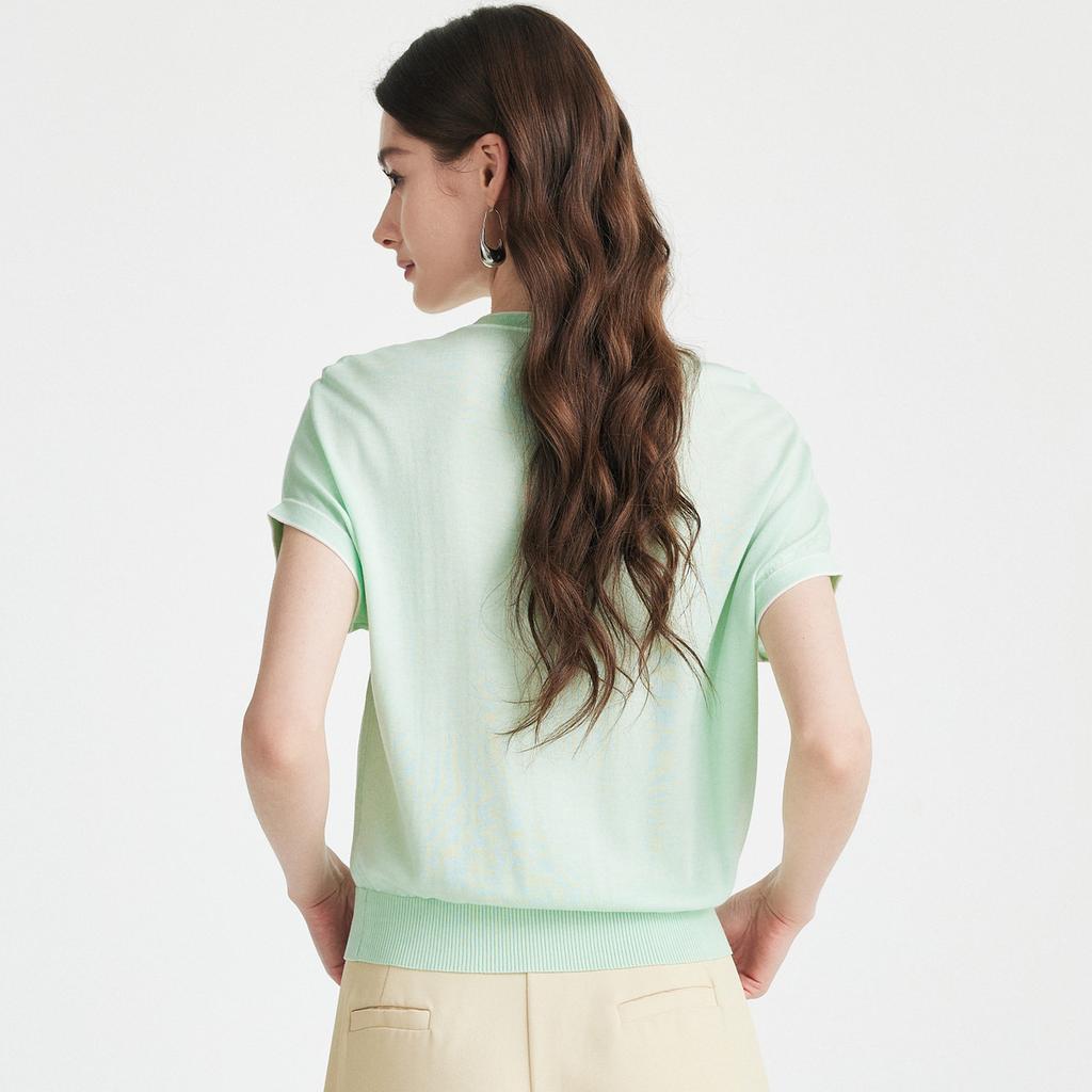 Simple and Fresh] Spring and Summer Round Neck Unique Decoration Age Reducing Daily Knitted T-shirt with Mulberry Silk for Women