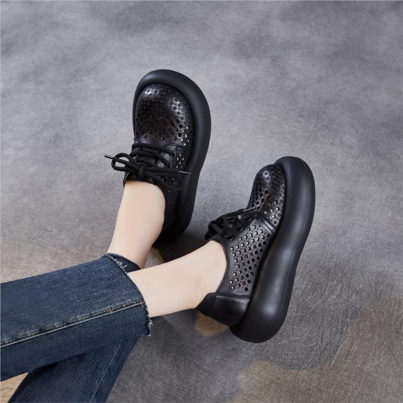 Johnature Hollow Out Thick Soled Shoes Genuine Leather Breathable Lace-up Women's Platform Sandals