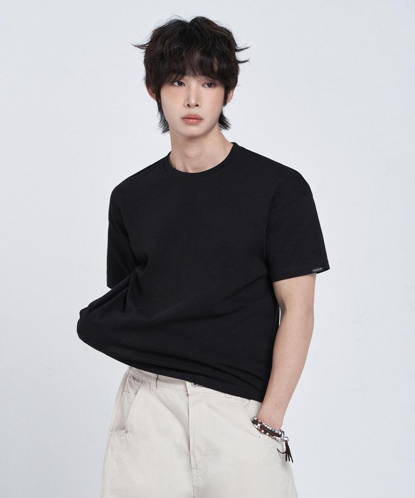 LEMAIN SECOND Crop Plain Oversized Short Sleeve T-Shirt [Black]
