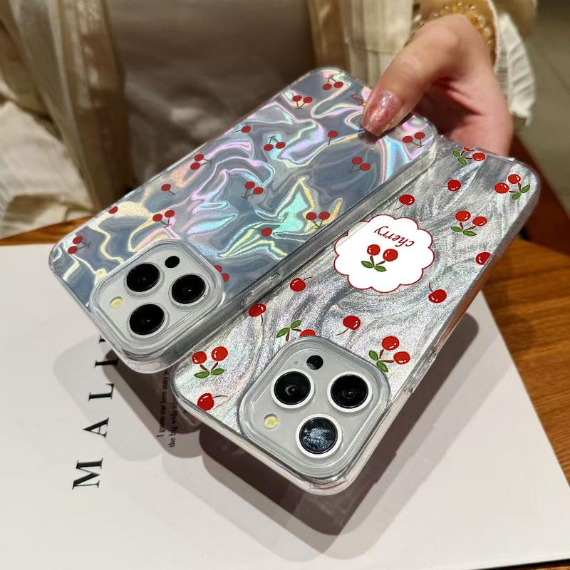 Little Cherry Print Luxury Glitter Case For iPhone 16 Pro Max 15 Pro 14 13 12 11 Hybrid TPU PC Clear Shockproof Slim Phone Cover