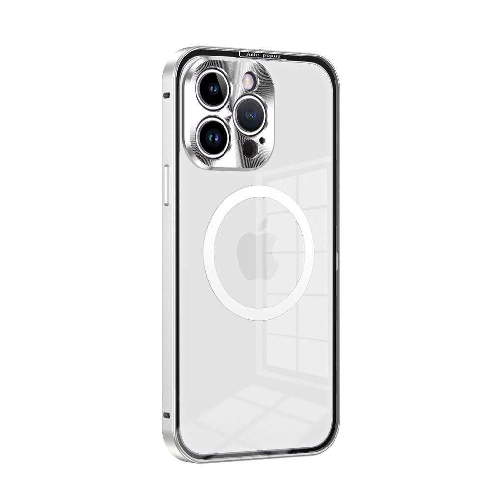 Aluminiumrahmen für kabelloses Laden, Aluminiumrahmen, magnetische Hülle für iPhone 15, 14, 13, 12 Pro Max, Objektivglas, schützende HD-transparente Rückwandplatine
