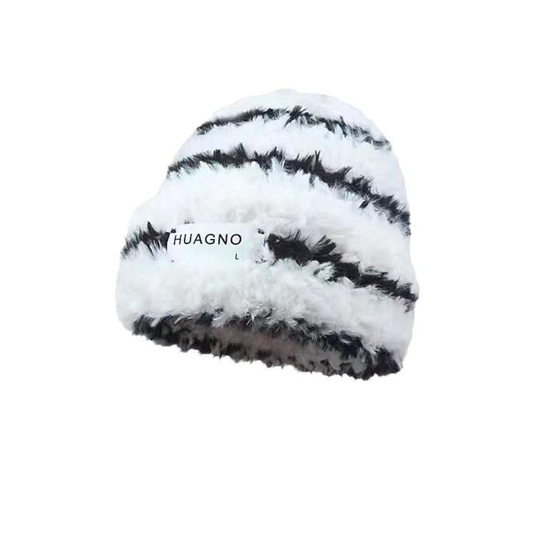 New Women's Wool Hat Winter Knitted Stripes Show Face Small Plush Warm Thickened Big Head Circumference Ear Protection Stacked Hat
