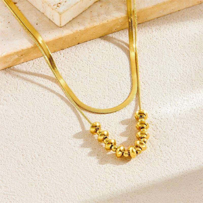 Gold Double Layer Herringbone Chain Bead Station Necklace