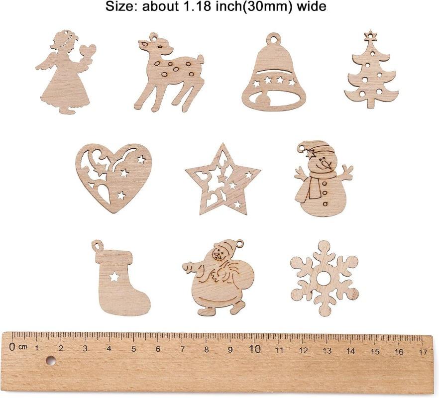 50pcs Unfinished Wooden Mini Christmas Craft Ornaments Cutouts for DIY Projects, Holiday Decor, and Home Embellishments