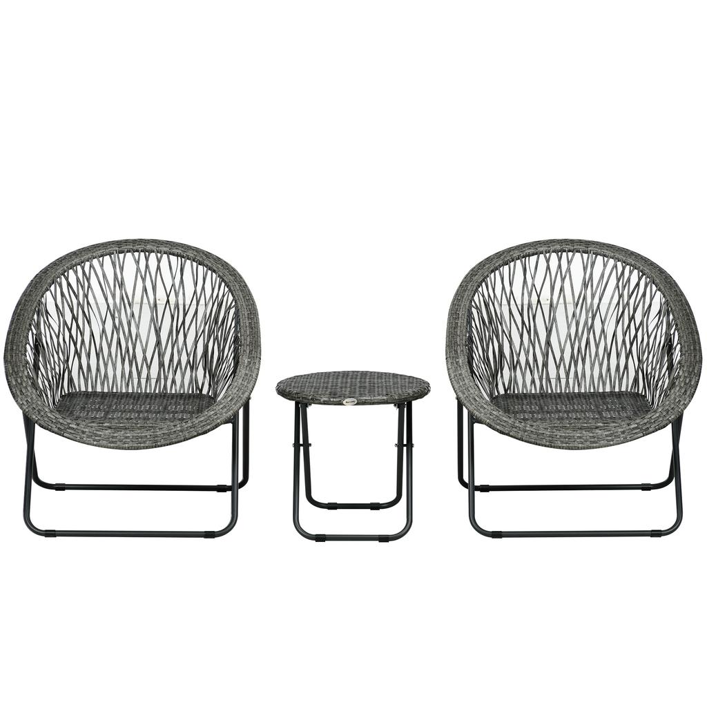 Garden Furniture Set, 3-Piece, Rattan Look, 2 Chairs, 1 Table, Foldable, Grey