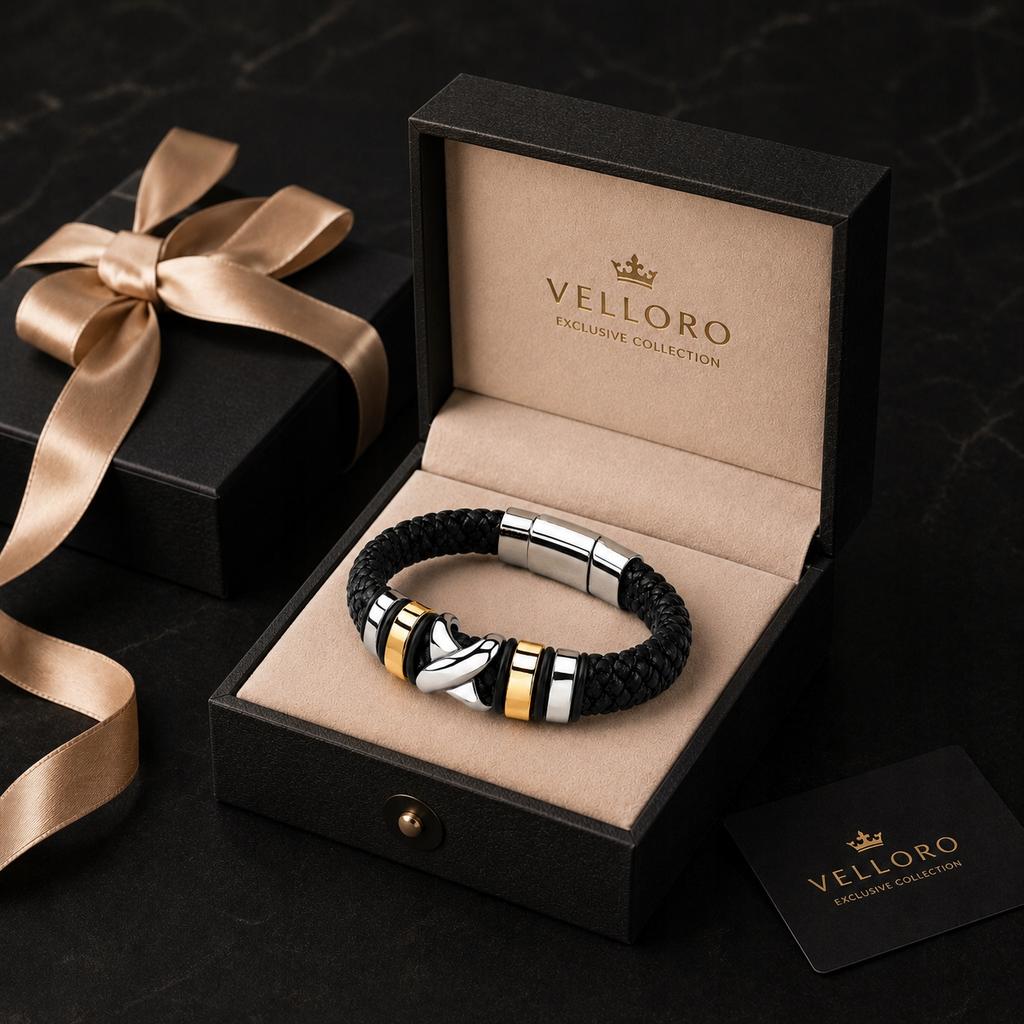 Men' Leather Bracelet Black Braided Gold Silver Gift Thick