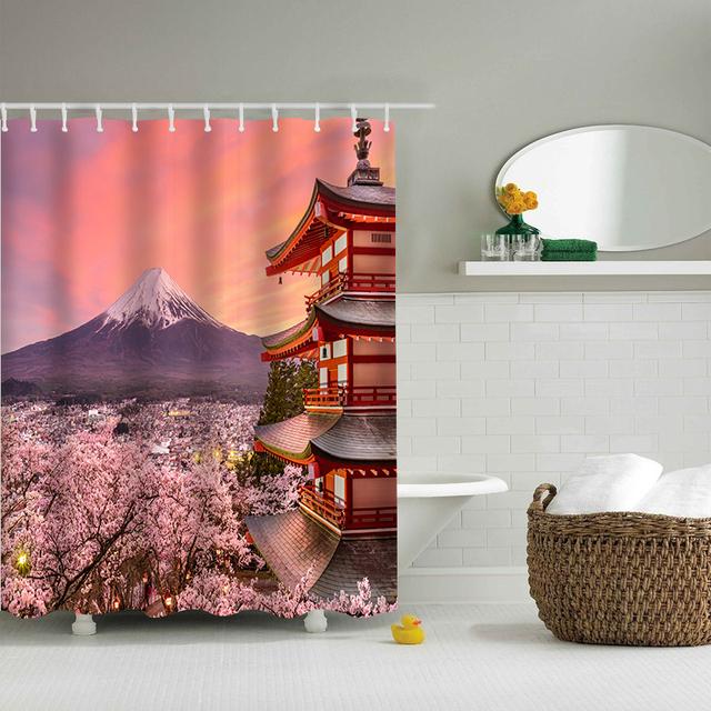 YSSFAV Cherry Blossom Shower Curtain - Japanese Floral Bathroom Decor Set With Hooks, 70x70 Inches - View #2