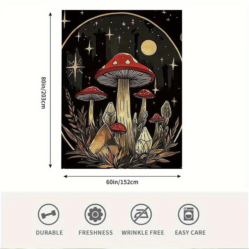 1pc 60x80 Inch Single-Sided Printed Blanket - Mystical Forest Design with Mushrooms, Crystals & Celestial Stars, Retro Style
