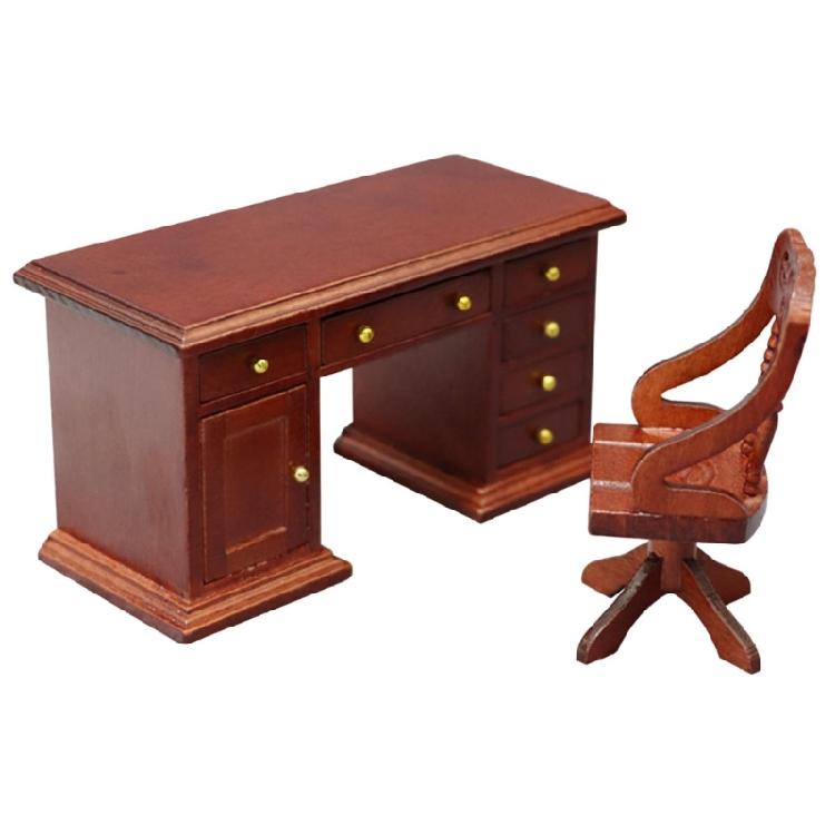 Realistic Miniature Wooden Office Desk With Chair 1/12 Scale Historical Study Room Addition For Models