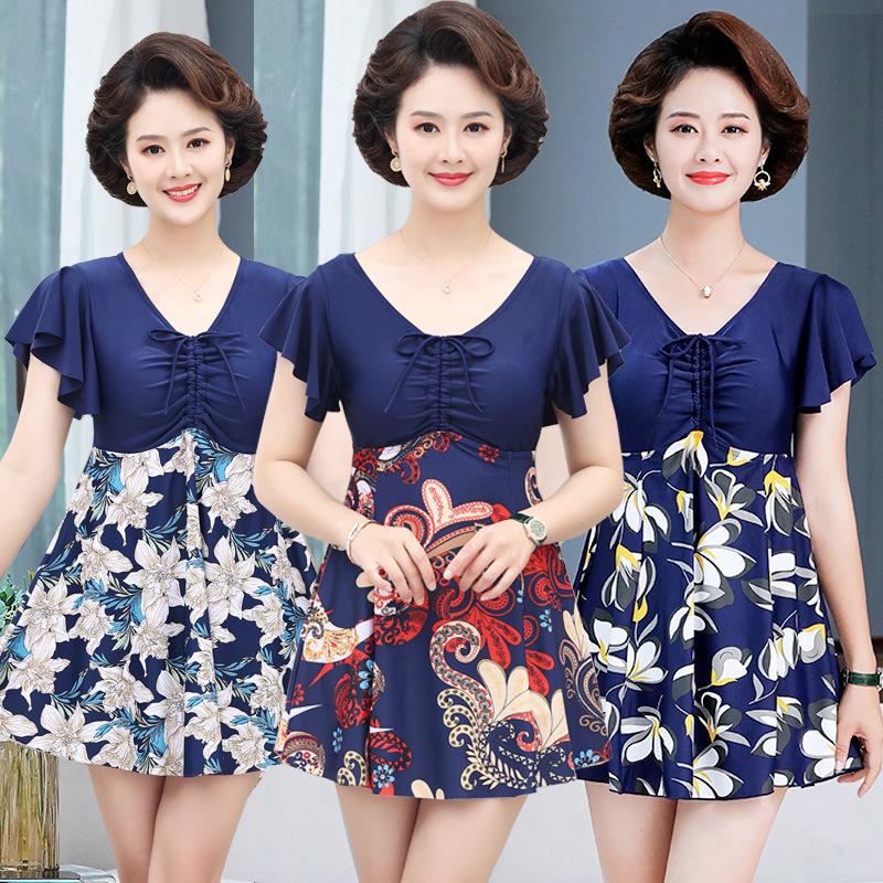 Übergröße Damen Zweiteiliger Badeanzug mit Rockteil, konservativem Druck und Bauchkontrolle für Mittelalte & Ältere, 200 lbs Kapazität