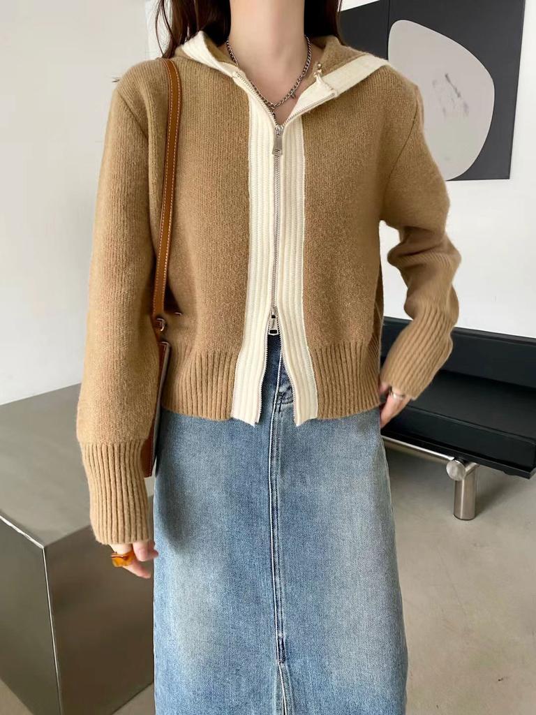 Autumn and winter double zipper color matching sweater women's jacket new knitted hooded lazy casual loose cardigan