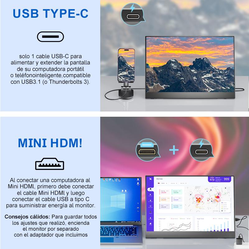 Hot Selling 14 Inch Portable Monitor with 1920*1200P for HD-MI Type C Screen IPS Panel LCD Backlit Portable Monitor Extension