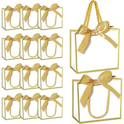 12 Piezas Bolsas de Regalo Pequeñas con Asas, Mini Bolsas Blanco Dorado, 5.51x 2.36x4.72 Pulgadas Bolsas Pequeñas de Regalo de Agradecimiento al por Mayor con Cinta