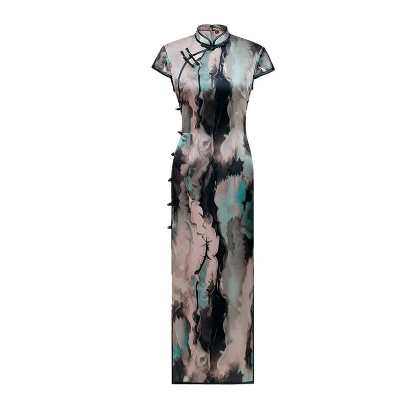 1011 spring and summer new mulberry silk cheongsam Suzhou improved retro Chinese ink dyed silk dress high sense