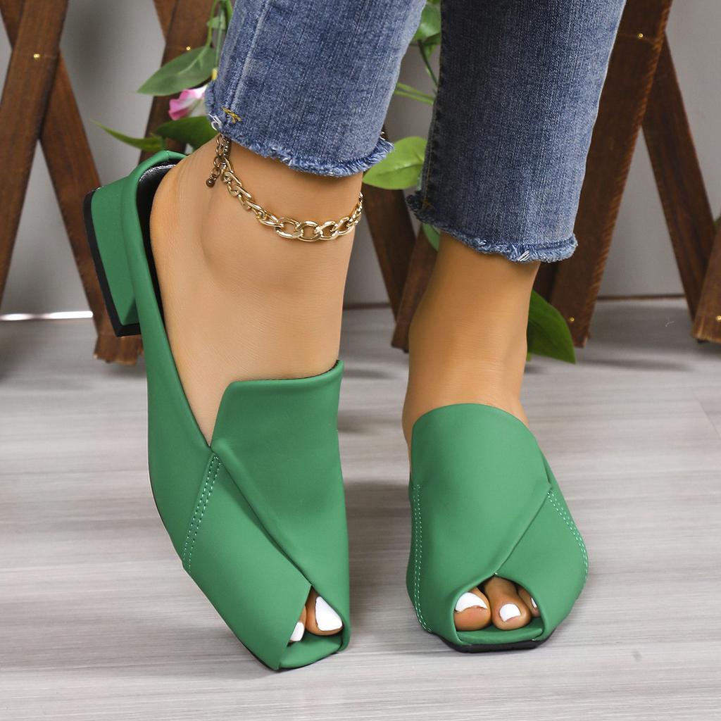 2025 Fashion Half Slippers Female Square Head Personalized Open-toe Square Heel Sandals Fashion Low Heel Outside Wear Slippers