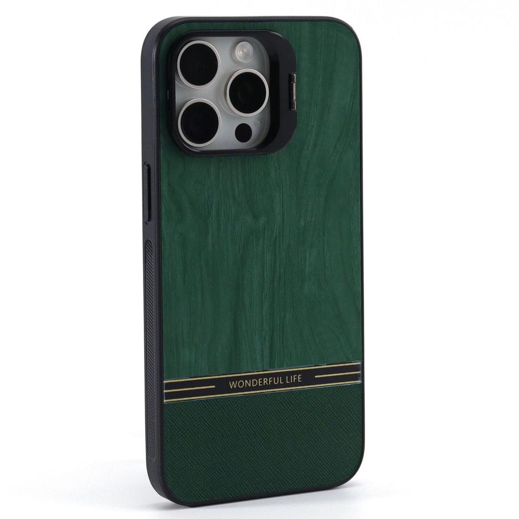 For iPhone 14 Pro Max Case Lens Frame Kickstand TPU+PC Wood Grain Phone Cover