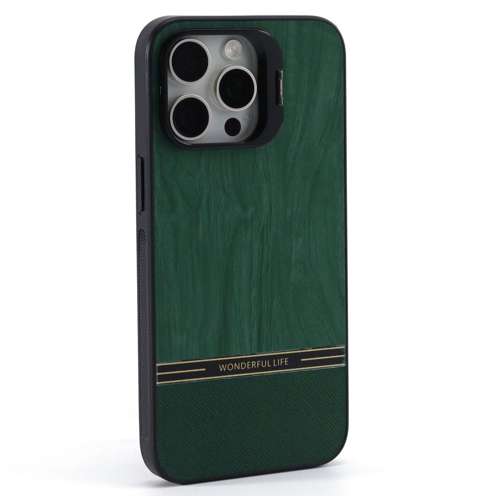 

For iPhone 14 Pro Max Case Lens Frame Kickstand TPU+PC Wood Grain Phone Cover E