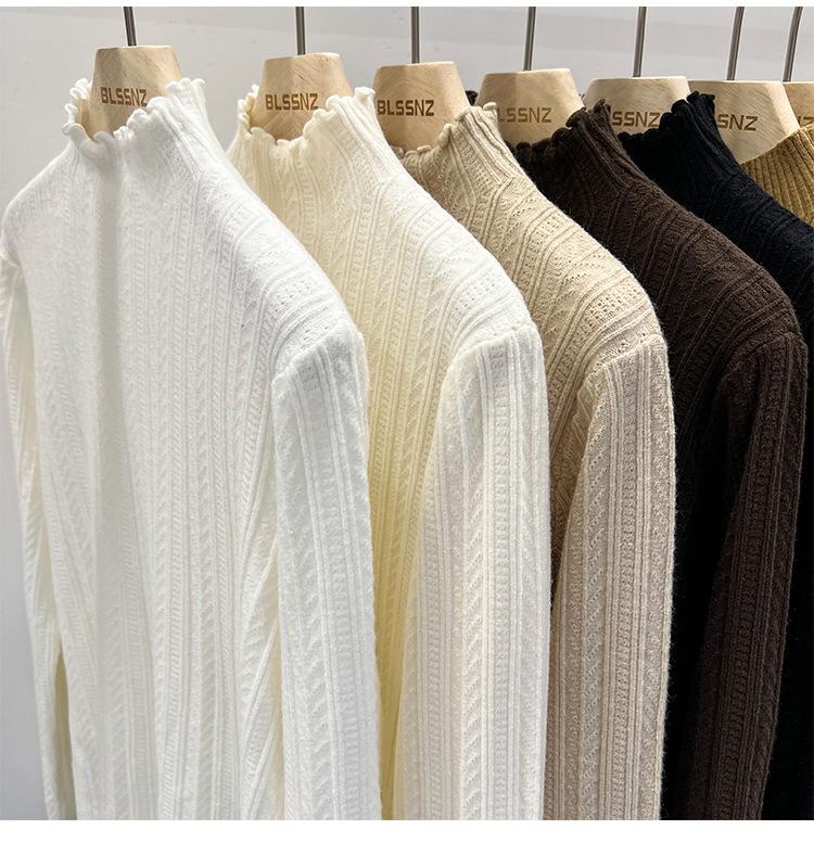 Women's White Half Turtleneck Knitted Sweater with Wheat and Wood Ear Detailing - Perfect for Spring, Autumn, and Winter Layers