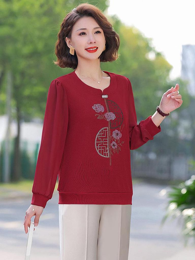 Stylish Rhinestone Long-Sleeve Loose Fit T-Shirt for Moms