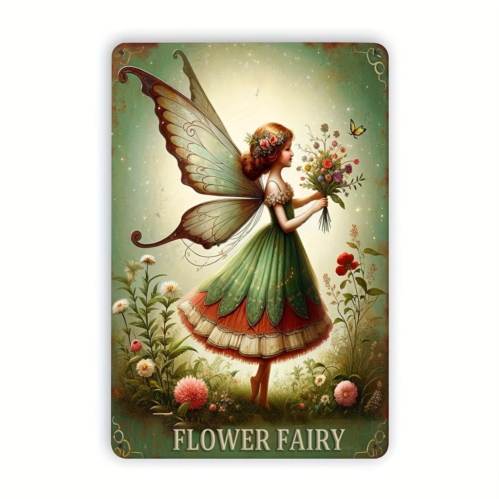 Vintage Flower Fairy Metal Tin Sign - Nostalgic Garden Fairy Wall Decor - Retro Engraved Foil Art - For Living Room, Bedroom