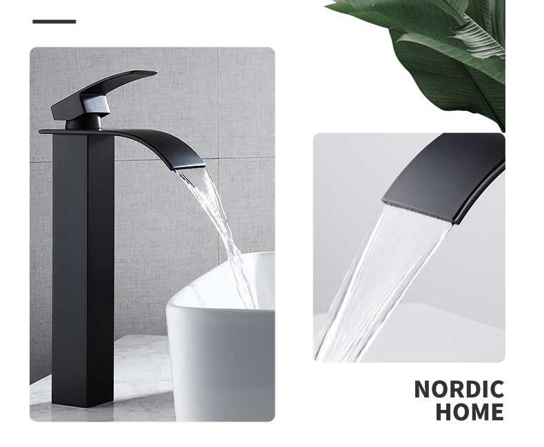 

Черный смеситель для раковины, смеситель-водопад, латунный смеситель для ванной комнаты, смеситель для раковины в ванной, смеситель для горячей и холодной раковины