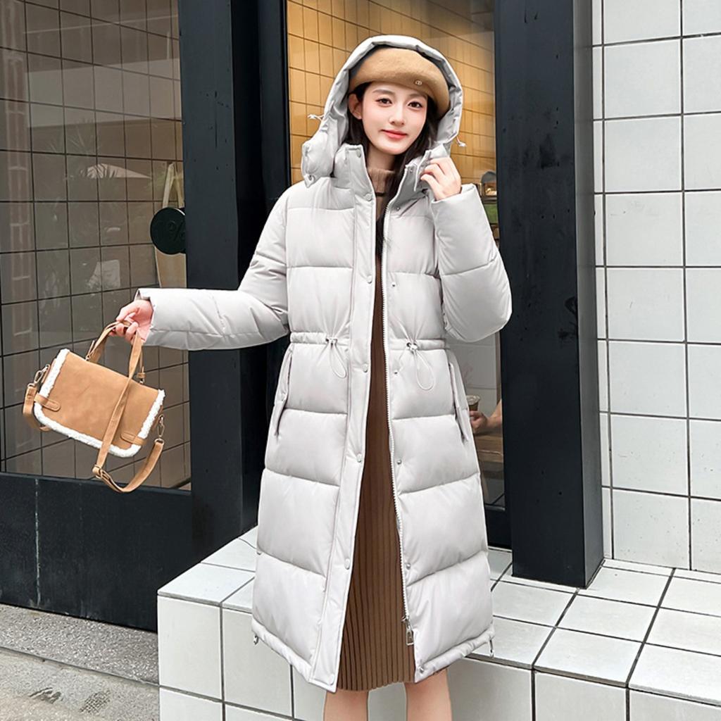 Winter New Women's Long Hooded Puffer Coat, Korean Style Simple Warm Fashion Thick Cotton Parka Outerwear