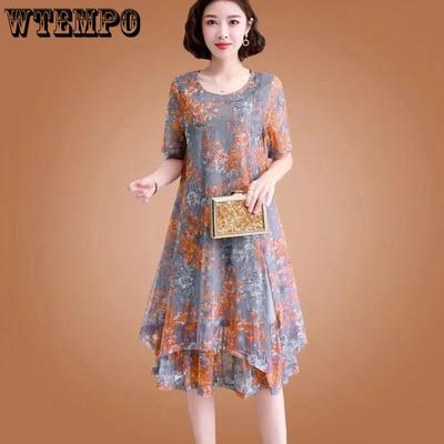 Vestido de chiffon estampado feminino, malha solta, tamanho grande, manga curta, comprimento médio, respirável, vestido de verão