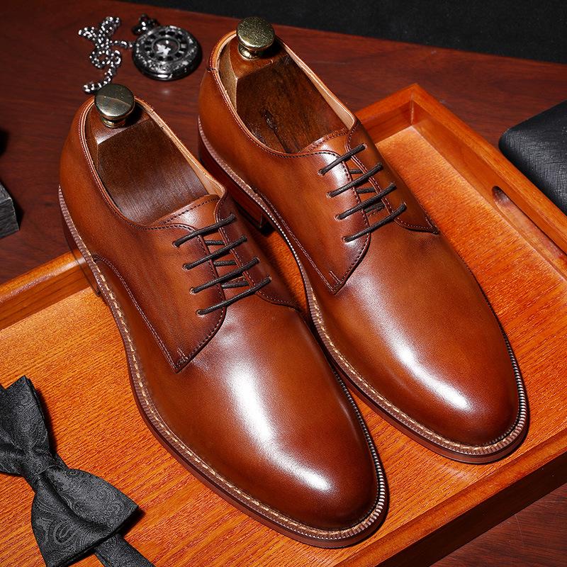 Men'S Shoes Business Elegant Gentleman Shoes Lace-Up Simple Leather Shoes First Layer Cowhide Dress Wedding Shoes Large Size