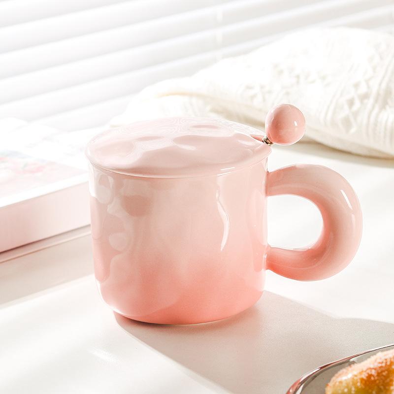High Value Gradient Ceramic Cup Niche Design Sense Mug with Lid Spoon for Girls Coffee Cup Couple Drinking Water Cup