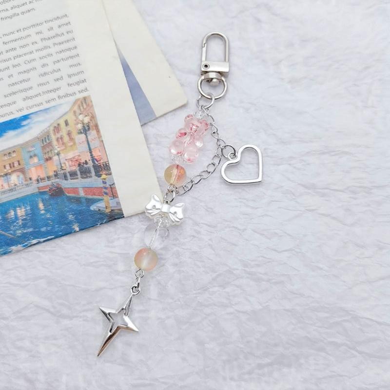 Beaded Wrist Strap Cross Pendant Keyring Hollow Heart Bead Wrist Strap Y2k