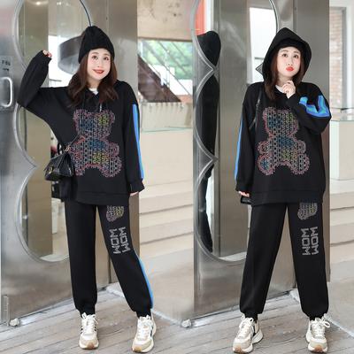 Set da 2 pezzi larghi autunnali da donna, abiti da orso colorati da donna, stampa di lettere, tuta casual con cappuccio, maglione e jogger
