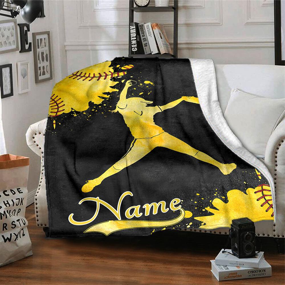Softball Player Throwing Ball Personalized Home Customize Your Name Blankets Comfortable Soft Lightweight Allseason Multipurpose Blanket For Picnic