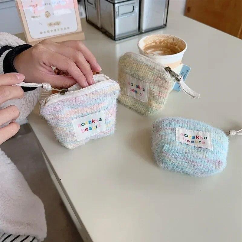 Stripes Plush Coin Purse Kawaii Cute Key Money Card Case Bags Small Coin Bags for Women Boys Girls Gift Mini Handbag