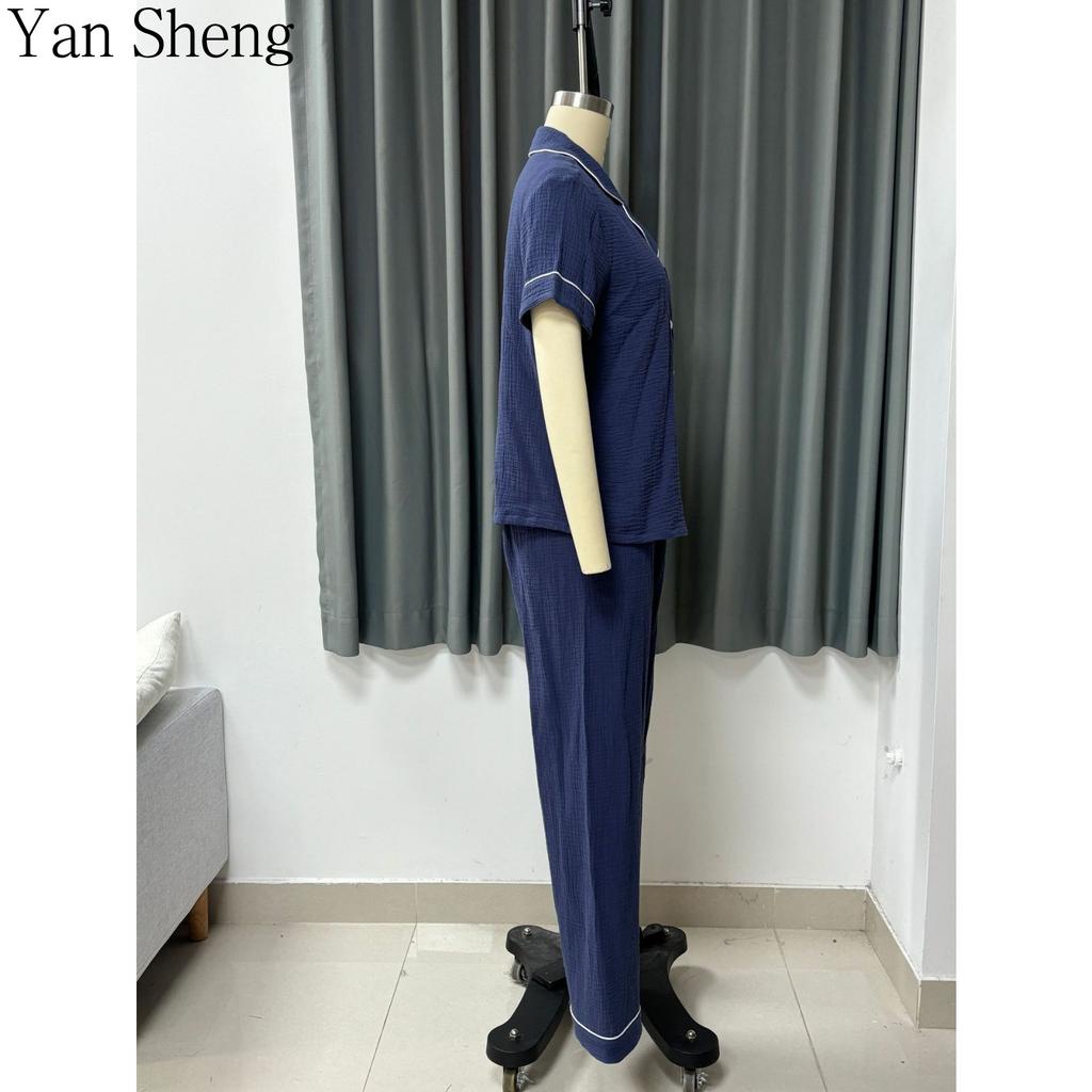 Women Pajama Set Cotton Summer Button‑Up Short Sleeve Long Pants Lapel Pocket Loungewear For Home Sleepwear