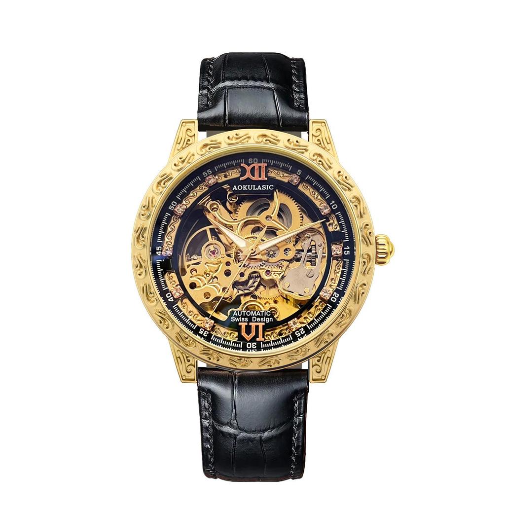 Men's High-End Retro Automatic Mechanical Watch with Luminous Display, Waterproof Design, and Genuine Leather Strap