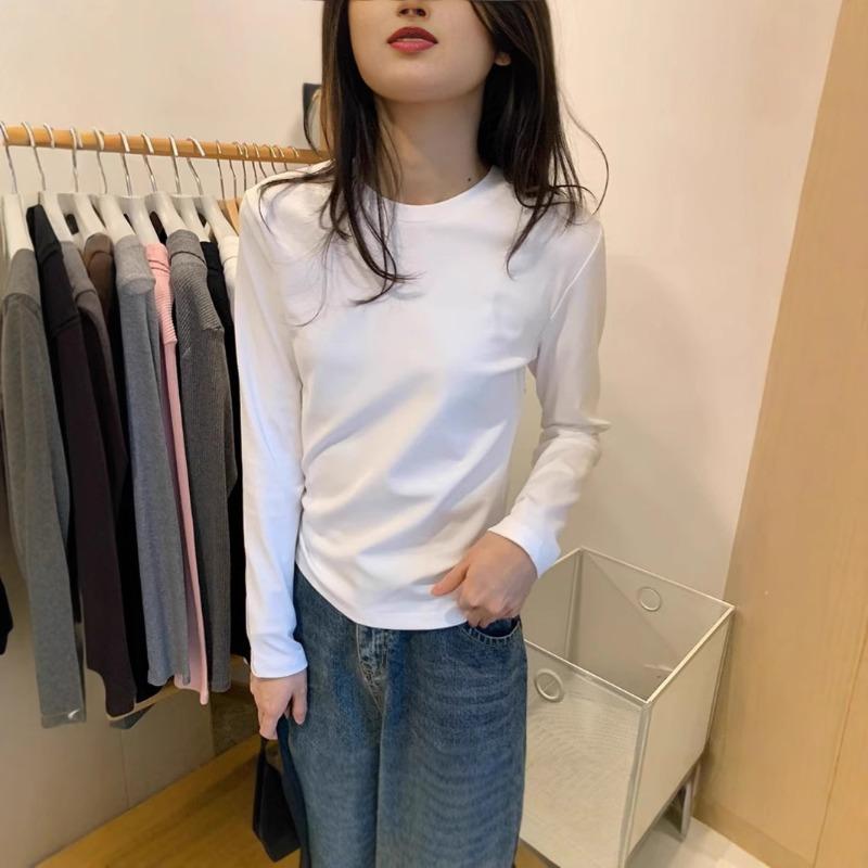 Round Neck Solid Bottoming Shirt for Women in Spring Autumn Winter Style Layered with Slim Long-sleeved T-shirt Tops