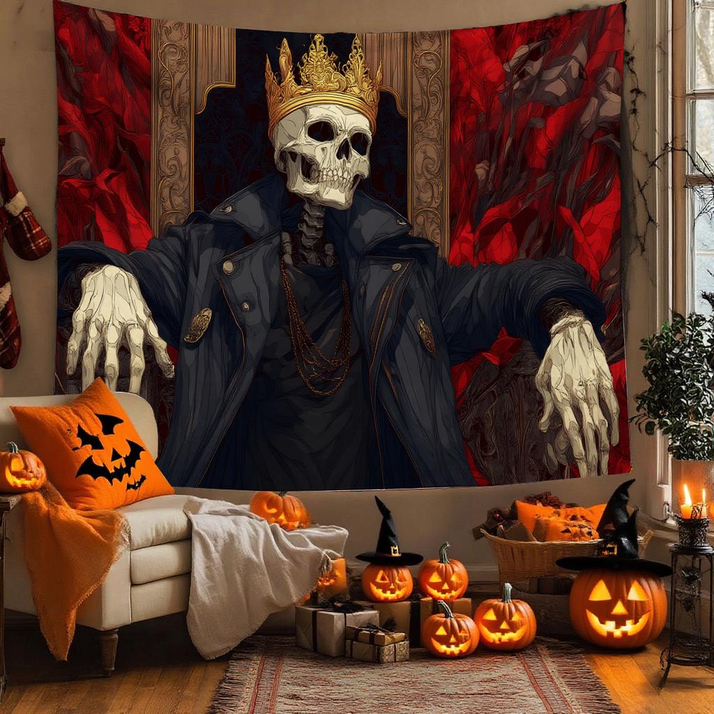 Premium Crowned Skull Medieval Tapestry Red Black Gothic Dark Tapestry for Bedroom Living Room Halloween Home Wall Decor