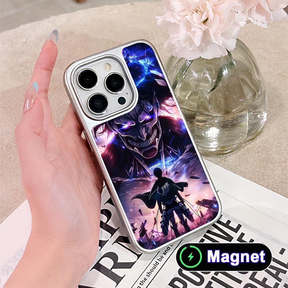 Custodia Cellulare Magsafe Placcata Argento AOT Eren Yeager per iPhone 17 16 15 14 13 12 11 Air Pro Max Plus Copertura Colorata
