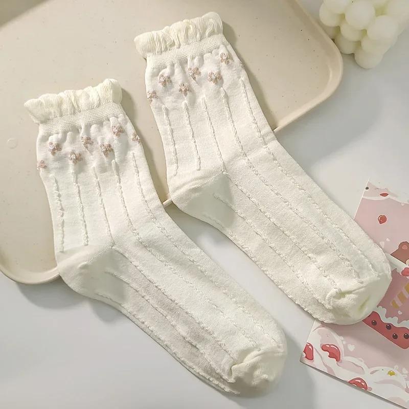 Simple White Socks Versatile Lovely Bowknot Small Flowers Women's Medium Tube Socks kawaii Harajuku jk Lolita Girls Cotton
