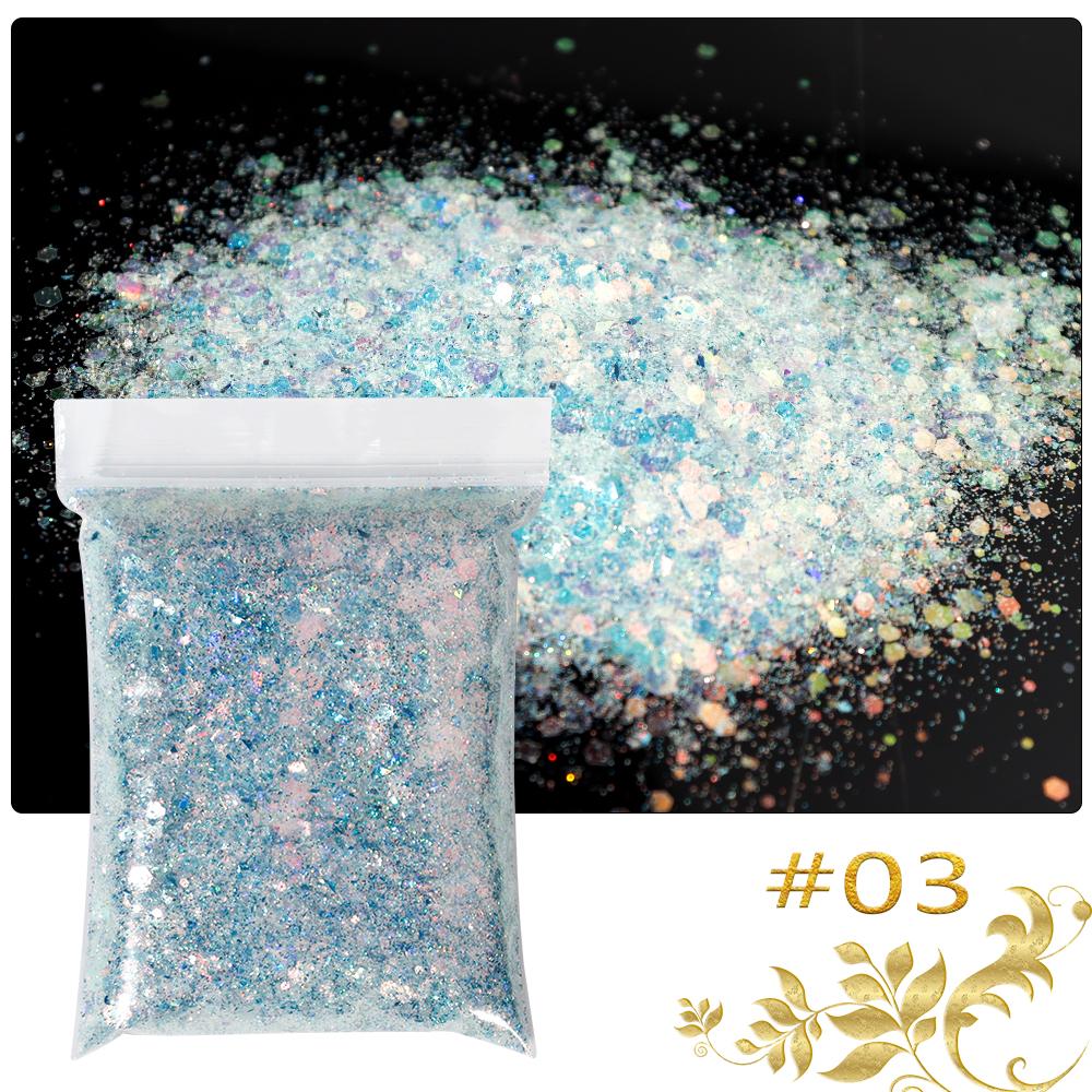 50g/sáček Mořská panna Šestiúhelníkové třpytivé vločky 3D flitry Třpytivé duhové Smíšené flitry Plátky Paillette DIY Nail Art Decoratio