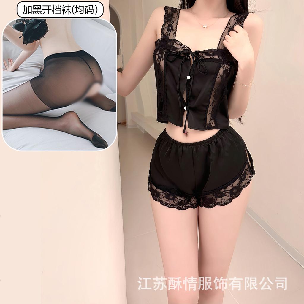 Crispy Sexy Sweet and Spicy Women's Summer Ice Silk Thin Pure Desire Suspender Shorts Two-piece Set Lace Temptation Set