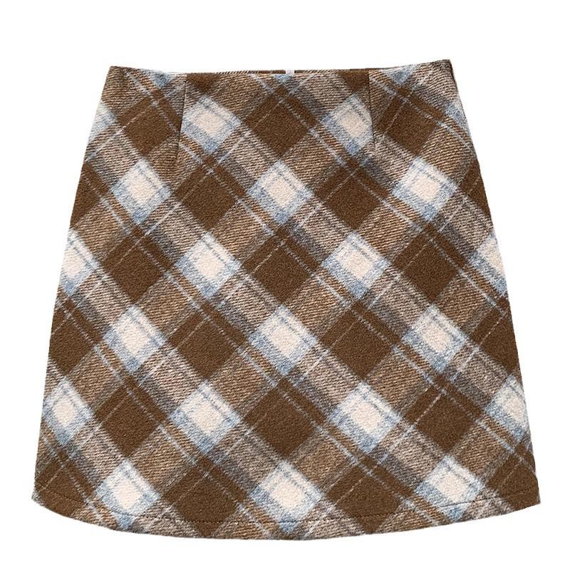 2025 Autumn/Winter Women's High-Waisted Plus Size Yellow Plaid Wool Mini Skirt