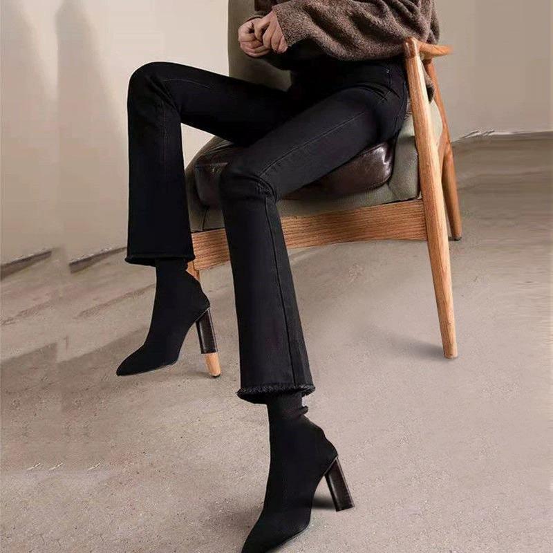 2024 Autumn/Winter Women s High-Waisted Velvet Micro-Flare Jeans - Slimming, Versatile Petite Bell Bottoms 26