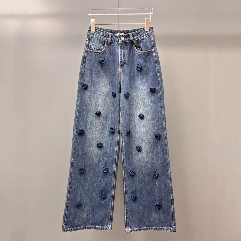 Plus Size Vintage Floral High Waist Casual Loose Women Spring Summer Autumn Jeans Denim Wide Leg Pants