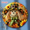 Scarecrow Metal Wall Art Rustic Farmhouse Autumn Decor with Sunflowers Plaid Hat Round Aluminum Sign Home Cafe Garage Thanksgiving Gift