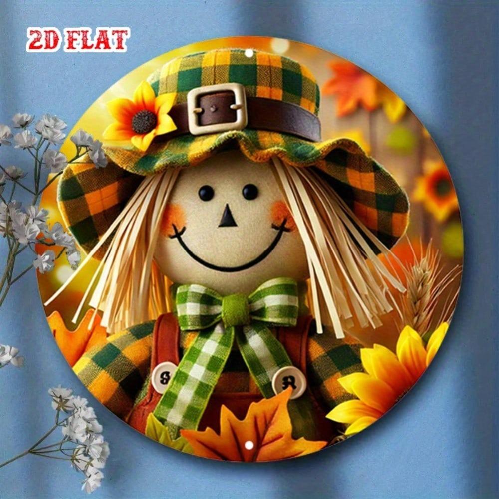 Scarecrow Metal Wall Art Rustic Farmhouse Autumn Decor with Sunflowers Plaid Hat Round Aluminum Sign Home Cafe Garage Thanksgiving Gift