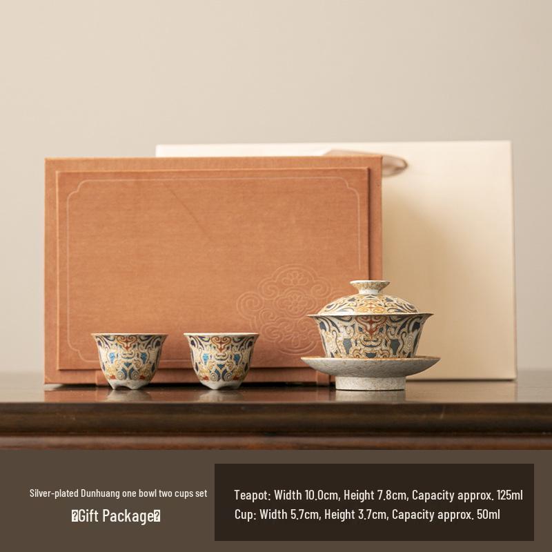 Silver-Plated Dunhuang Retro Gongfu Tea Set - Exquisite Ceramic Brewing & Drinking Utensils in Gift Box
