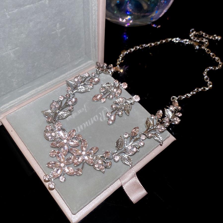 Luxury Rhinestone Leaf Flower Clavicle Necklace & Earring Set for Women