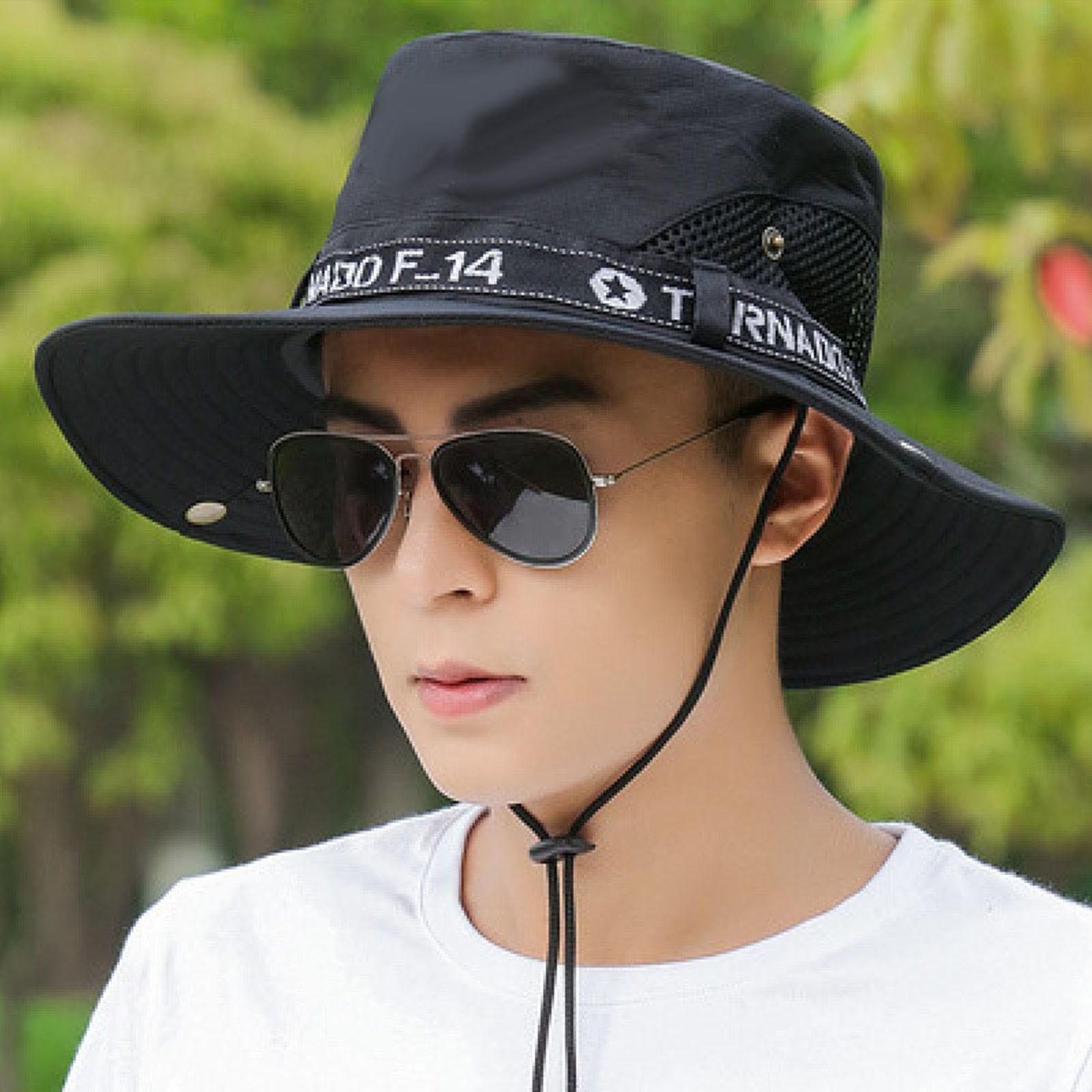 

Мужская шляпа рыбака летняя уличная для рыбалки солнцезащитная с защитой лица от УФ-лучей с большими полями черная Black чёрный